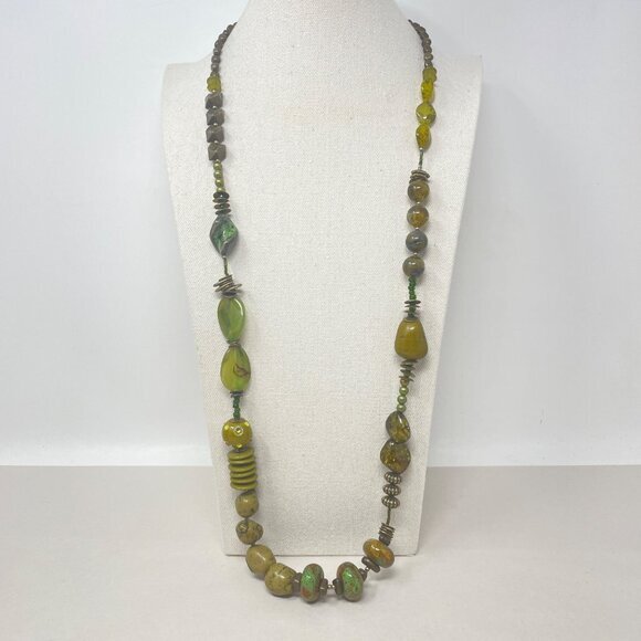 Treska Beaded Long Necklace Green Stone Porcelain Glass Boho Chunky Signed - Picture 1 of 13